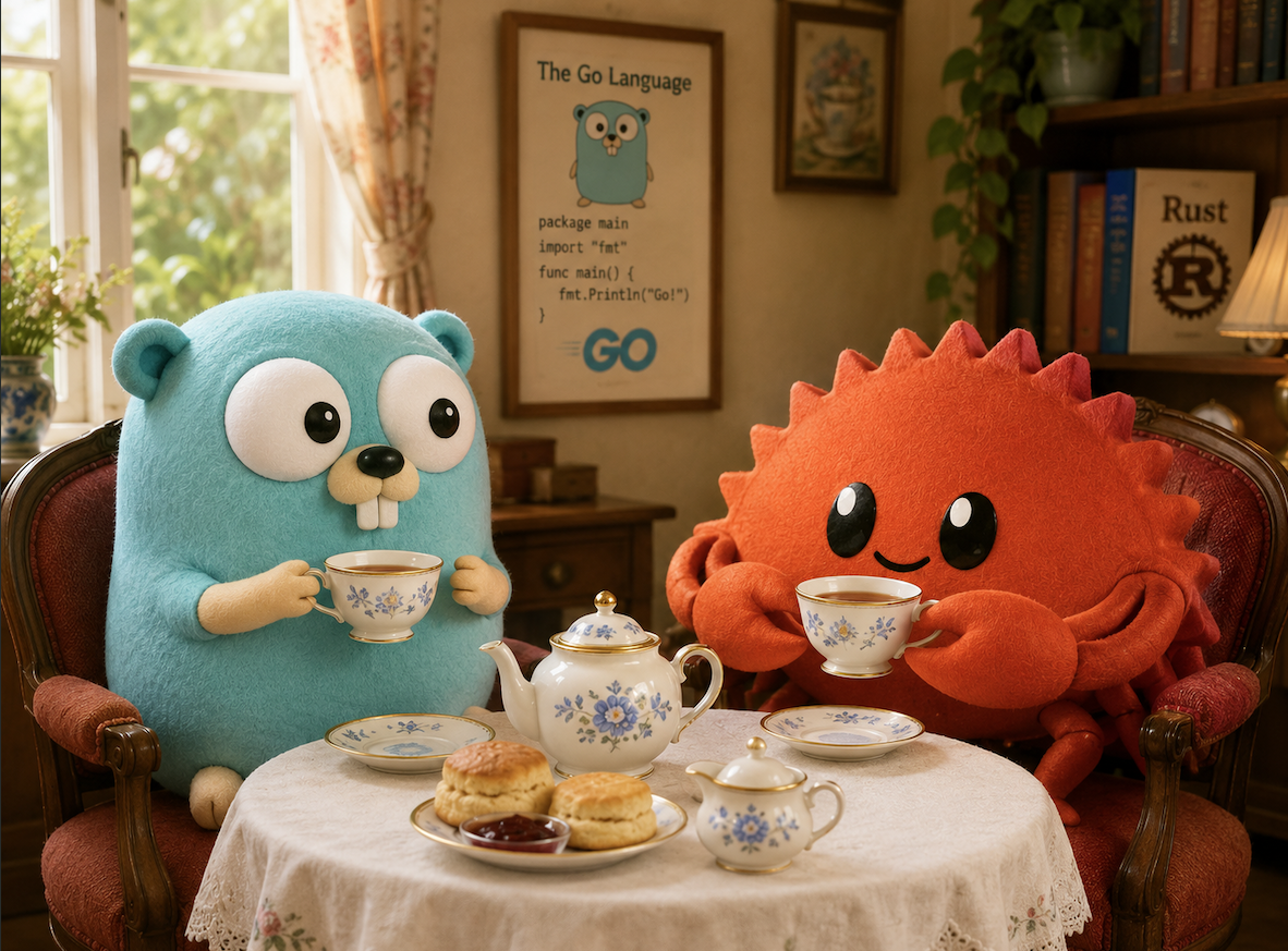 湯気の立つティーカップを前に、gopherとferris(Rustのマスコット)が向かい合ってお茶を楽しんでいるイラスト